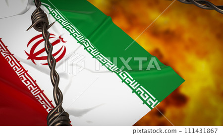 The Iran flag on fire background 3d rendering. 111431867