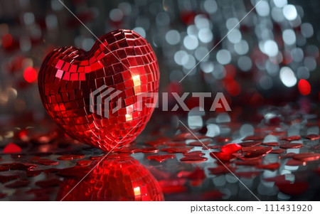 Red Heart Disco Ball on Reflective Surface. Valentine's day background 111431920