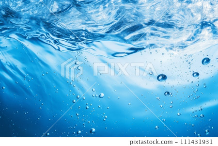 Transparent blue clear water wave surface texture with splashes and bubbles. Cosmetic moisturizer, micellar toner emulsion.World Water Day 111431931