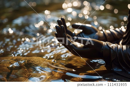 Close-up of the hand of a buddha statue on a river 111431935