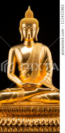 Golden Buddha statue isolated on black background, closeup of photo. 111431962