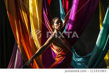 Aerial yoga woman with colorful silks 111431963