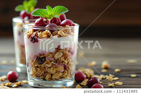 Granola and yogurt parfait in a clear glass 111431995