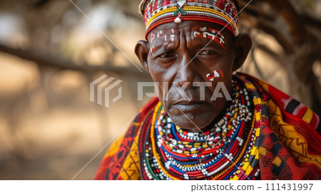 Portrait of an unidentified Masai warrior in traditional clothes Portrait of an unidentified Masai warrior in traditional clothes 111431997