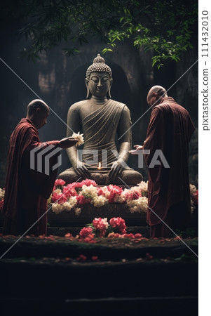 Buddhist monks prepare flowers for the Buddha statue at the temple Buddhist monks prepare flowers for the Buddha statue at the temple 111432010