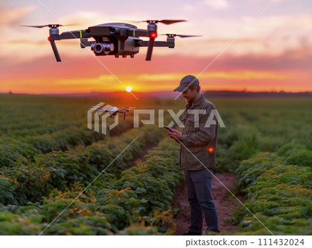 AI-generated content. An agronomist farmer controls drones from his phone in the field. Generative AI AI-generated content. An agronomist farmer controls drones from his phone in the field. Generative AI 111432024