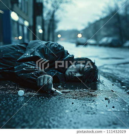 A drug addict lies with a syringe on the street in the rain. Overdose Awareness Day A drug addict lies with a syringe on the street in the rain. Overdose Awareness Day 111432029