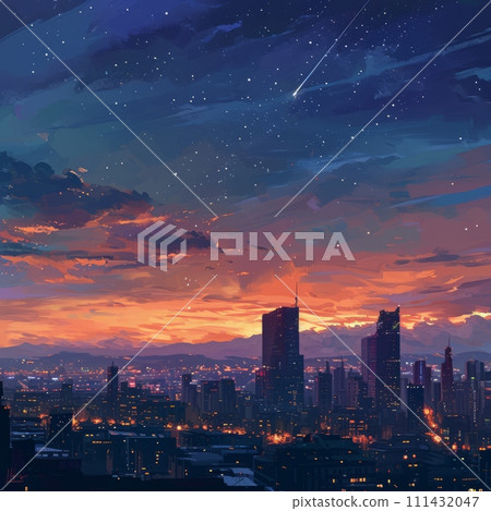 City skyline with a meteor shower above City skyline with a meteor shower above 111432047