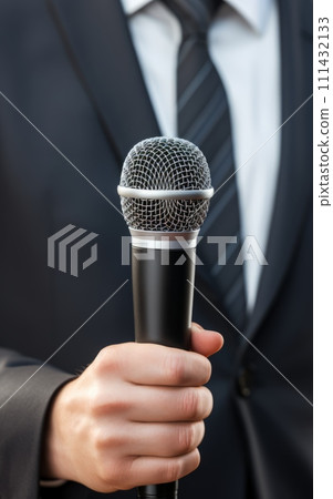 Man in Suit Gripping Microphone 111432133