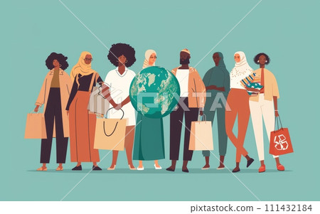 People of diverse backgrounds holding a globe and shopping bags, symbolizing global consumer rights. World Consumer Rights Day (15 March) 111432184