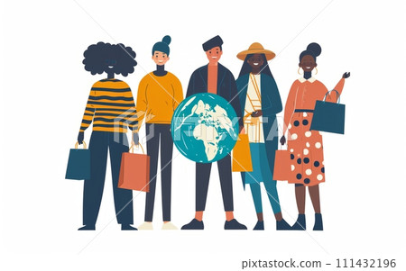 People of diverse backgrounds holding a globe and shopping bags, symbolizing global consumer rights. World Consumer Rights Day (15 March) 111432196