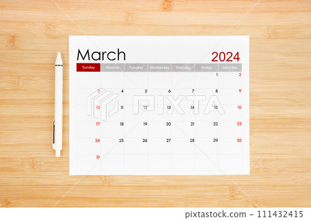 March 2024 calendar page on wooden. 111432415