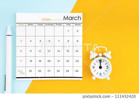 March 2024 Monthly calendar for 2024 year with pen on yellow and blue background. March 2024 Monthly calendar for 2024 year with pen on yellow and blue background. 111432420