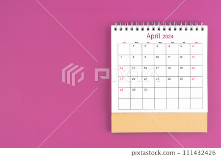 April 2024, Monthly desk calendar for 2024 year on purple background. 111432426