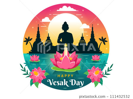 Vesak Day Celebration Vector Illustration with Temple Silhouette, Lotus Flower, Lantern or Buddha Person in Holiday Flat Cartoon Background Vesak Day Celebration Vector Illustration with Temple Silhouette, Lotus Flower, Lantern or Buddha Person in Holiday Flat Cartoon Background 111432532