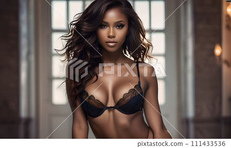 AI-generated content. Woman in lingerie poses by window, showcasing hair, waist, thigh, and swimwear. A woman wearing lingerie top and swimwear stands near a window, showcasing her hair, thigh, waist 111433536