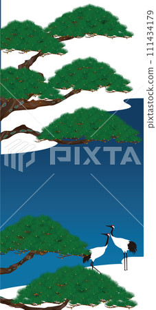 日式背景。松樹、起重機、河流和雪的向量圖解 111434179