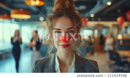 Smiling Woman with a Red Clown Nose at the Workplace. Blurred Office Background. AI Generated 111434596