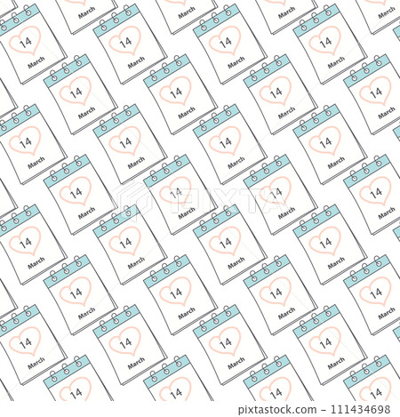 Seamless pattern with White Day 14 March date and heart shaped stroke by hand on calendar pages. 111434698