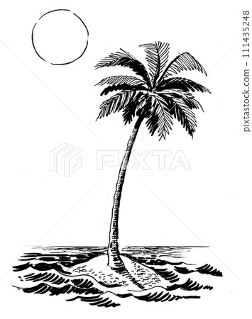 Desert island in the ocean. Hand-drawn black and white illustration	/ 111435248