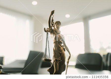 Judge gavel with Justice lawyers having team meeting at law firm background. Concepts of Law and Legal services. 111435356
