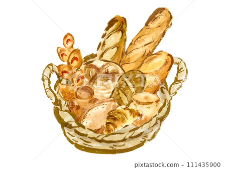 籃子裡各種麵包的手繪插畫 籃子裡各種麵包的手繪插畫 111435900