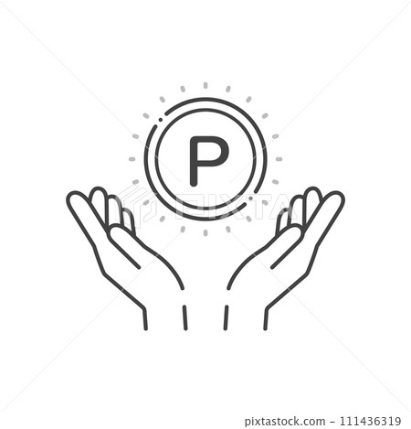 一個人的手拿著字母P和一枚硬幣的圖標-點poi和磷元素符號的圖像素材 111436319