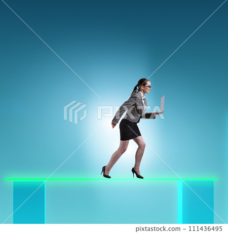 Young businesswoman in business concept with bar charts 111436495