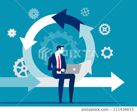 Young person with laptop checks programs. Product iteration vector illustration concept Young person with laptop checks programs. Product iteration vector illustration concept 111436655