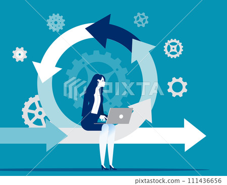 Young person with laptop checks programs. Product iteration vector illustration concept Young person with laptop checks programs. Product iteration vector illustration concept 111436656