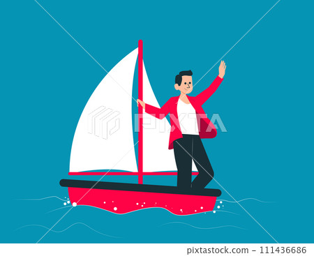 Courage and leader ship to success. Investors standing in paper boat on fluctuate market concept Courage and leader ship to success. Investors standing in paper boat on fluctuate market concept 111436686