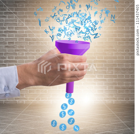 Data monetization concept with funnel and businessman 111437405