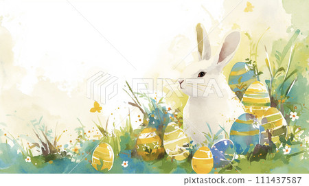 Background illustration of Easter eggs, rabbits and flowers AI image 111437587