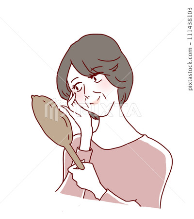 A senior woman looking to the right smiling while holding a hand mirror 111438103