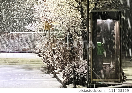 Public phone booth and snowy landscape Public phone booth and snowy landscape 111438369