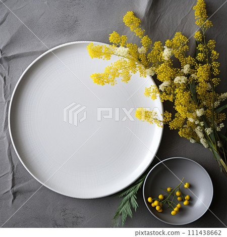 white plate and mimosa white plate and mimosa 111438662