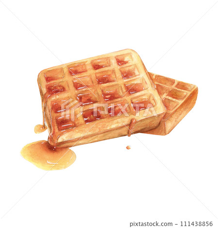 Belgian waffles honey watercolor drawing. Liege cake sweet bakery tasty dessert illustration. Pastry aquarelle isolated. Delicious breakfast treat griddle caramelized sugar. Brussels topping texture 111438856