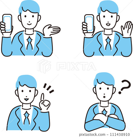 Smartphone suit businessman male person simple vector illustration material set Smartphone suit businessman male person simple vector illustration material set 111438910