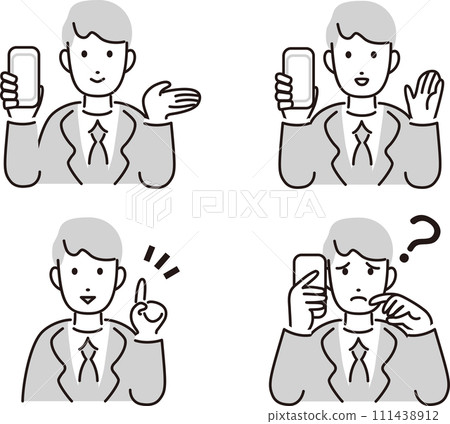 Smartphone suit businessman male person simple vector illustration material set Smartphone suit businessman male person simple vector illustration material set 111438912