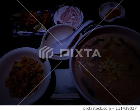 Image of a ramen set meal in the dark Image of a ramen set meal in the dark 111439027