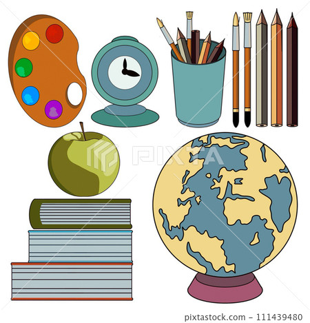 student's set brushes pencils globe books apple alarm clock hand-drawn illustration white background 111439480