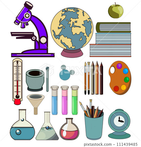 a set of chemist biologist illustration on a white background hand-drawn close-up a set of chemist biologist illustration on a white background hand-drawn close-up 111439485