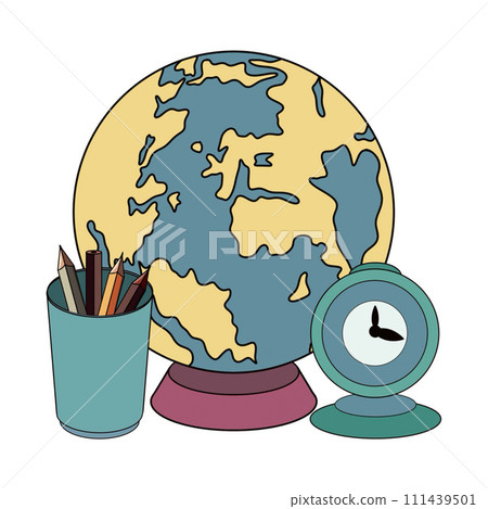 Back to school set globe alarm clock and pencils hand-drawn illustration white background close-up Back to school set globe alarm clock and pencils hand-drawn illustration white background close-up 111439501