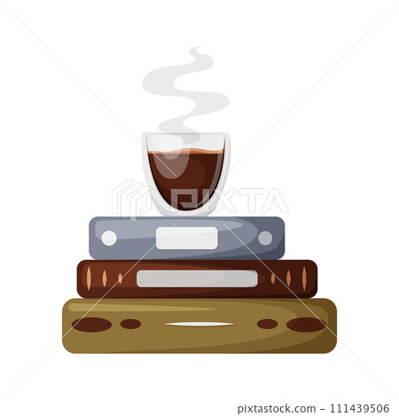 Stack of books with cup of coffee, horizontal books isolated on a white background. Cartoon educational vector illustration for reading lovers, web, library, store, study, sticker. World book day. 111439506