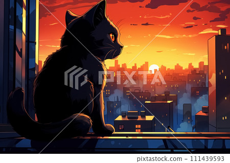 Dark silhouette of lonely cat sitting on windowsill and looking on evening cityscape, watching yellow sunset behind houses on horizon Dark silhouette of lonely cat sitting on windowsill and looking on evening cityscape, watching yellow sunset behind houses on horizon 111439593