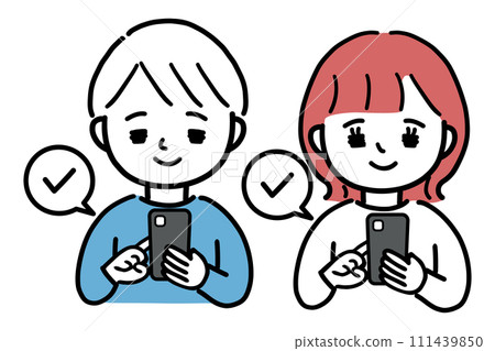 Upper body illustration of a young man and woman operating a smartphone 111439850