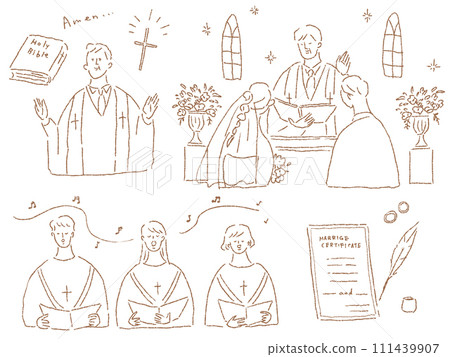 Pastor and choir, bride and groom, marriage certificate, wedding ring, line drawing 111439907