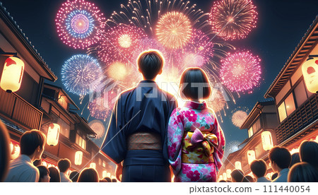 一對穿著浴衣的夫婦抬頭看煙火的後視圖。日本夏季形象。人工智慧圖像。 一對穿著浴衣的夫婦抬頭看煙火的後視圖。日本夏季形象。人工智慧圖像。 111440054