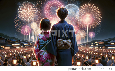 一對穿著浴衣的夫婦抬頭看煙火的後視圖。日本夏季形象。人工智慧圖像。 111440055