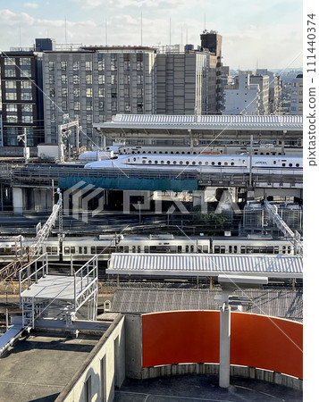 Shinkansen N700A at Kyoto Station seen from Kyoto Theater Shinkansen N700A at Kyoto Station seen from Kyoto Theater 111440374